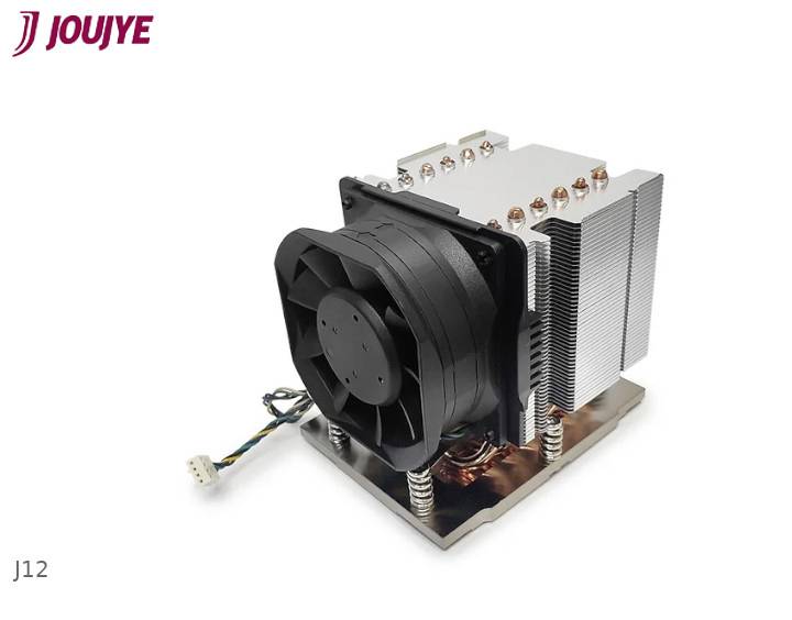'Fan with heatsink, mounted on a metal plate, cable on the left. Brand logo 'JOUJYE' top left, model designation 'J12' bottom left.'