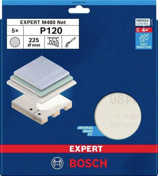 'Bosch Sanding Mesh P120, Pack of 5, Ø 225 mm, for Low-Dust Sanding. Suitable for Wood, Plaster and More.' Product Packaging.
