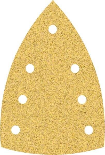 Yellow triangular sandpaper with six evenly distributed holes, designed for use on an orbital sander.