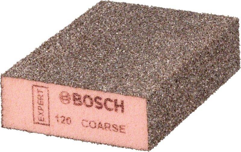 Bosch sanding sponge, coarse 120 grit, brown surface, rectangular shape. Used for sanding work on wood or metal surfaces.