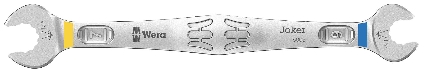 Double-ended spanner by Wera with yellow and blue markings and the inscription 'Joker 6005'. High-quality tool design.