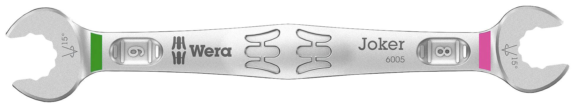 A silver Wera Joker combination spanner with open ends. Left end green-marked, right end pink. Brand name and logo in the centre.