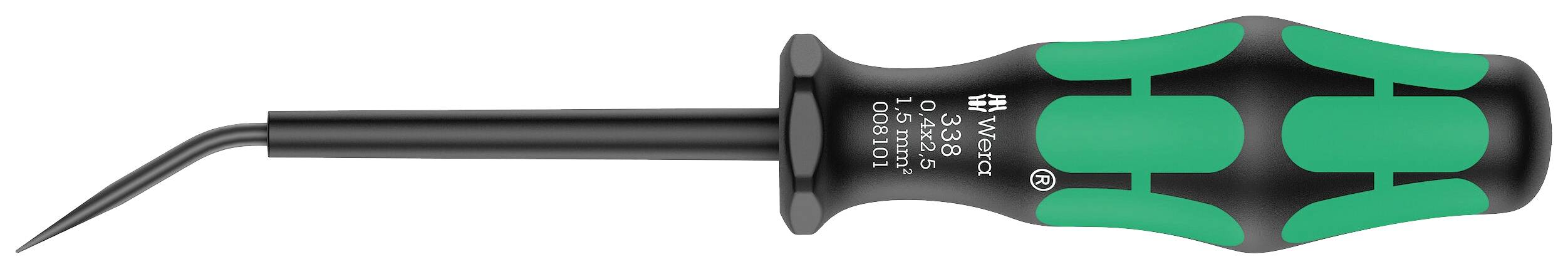 A green and black slotted screwdriver with an ergonomic handle and curved tip, suitable for precision work.