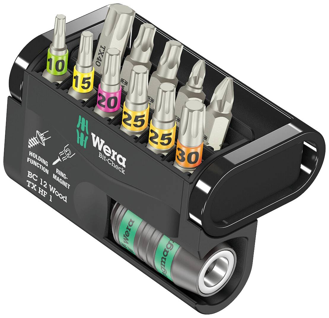 Wera Bit-Check Set: Contains colourful bits marked with numbers and two adapters. Compact design for easy storage and transport.
