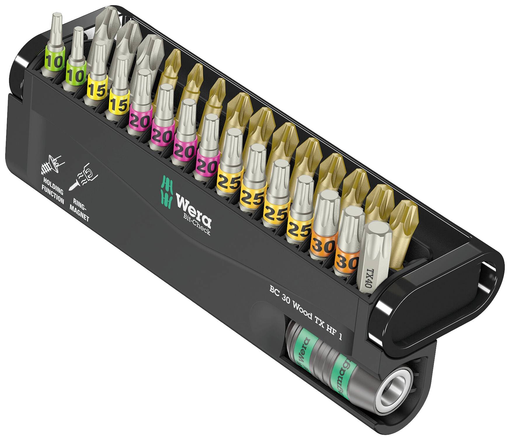 A bit set with various colour-coded bits in a black holder. Contains Torx and Phillips head bits for screw-related work.