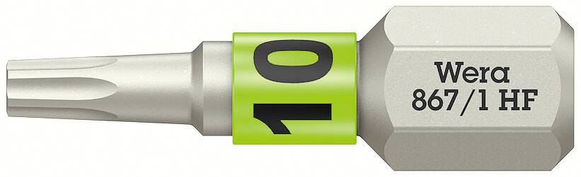 Wera Torx Bit T10 with integrated holding function, grey and green marked with 'Wera 867/1 HF'. Primarily for precise screwing.