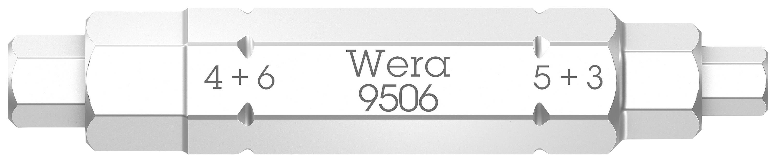 Double-ended spanner with hex sizes '4 + 6' on the left and '5 + 3' on the right. Inscription: 'Wera 9506' in the centre.