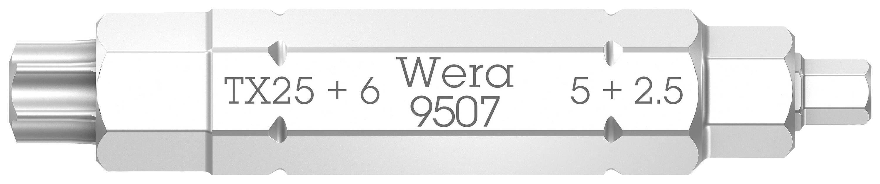 A Wera screwdriver bit, TX25 + 6 on one side and 5 + 2.5 on the other, model number 9507.