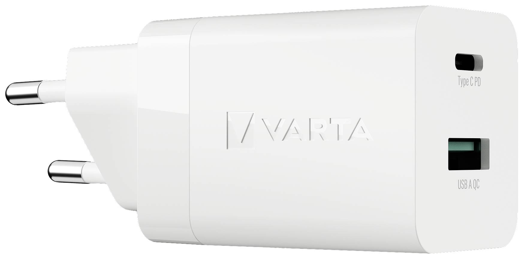 White USB power adapter with two ports: Type-C and USB-A. Suitable for charging electronic devices.