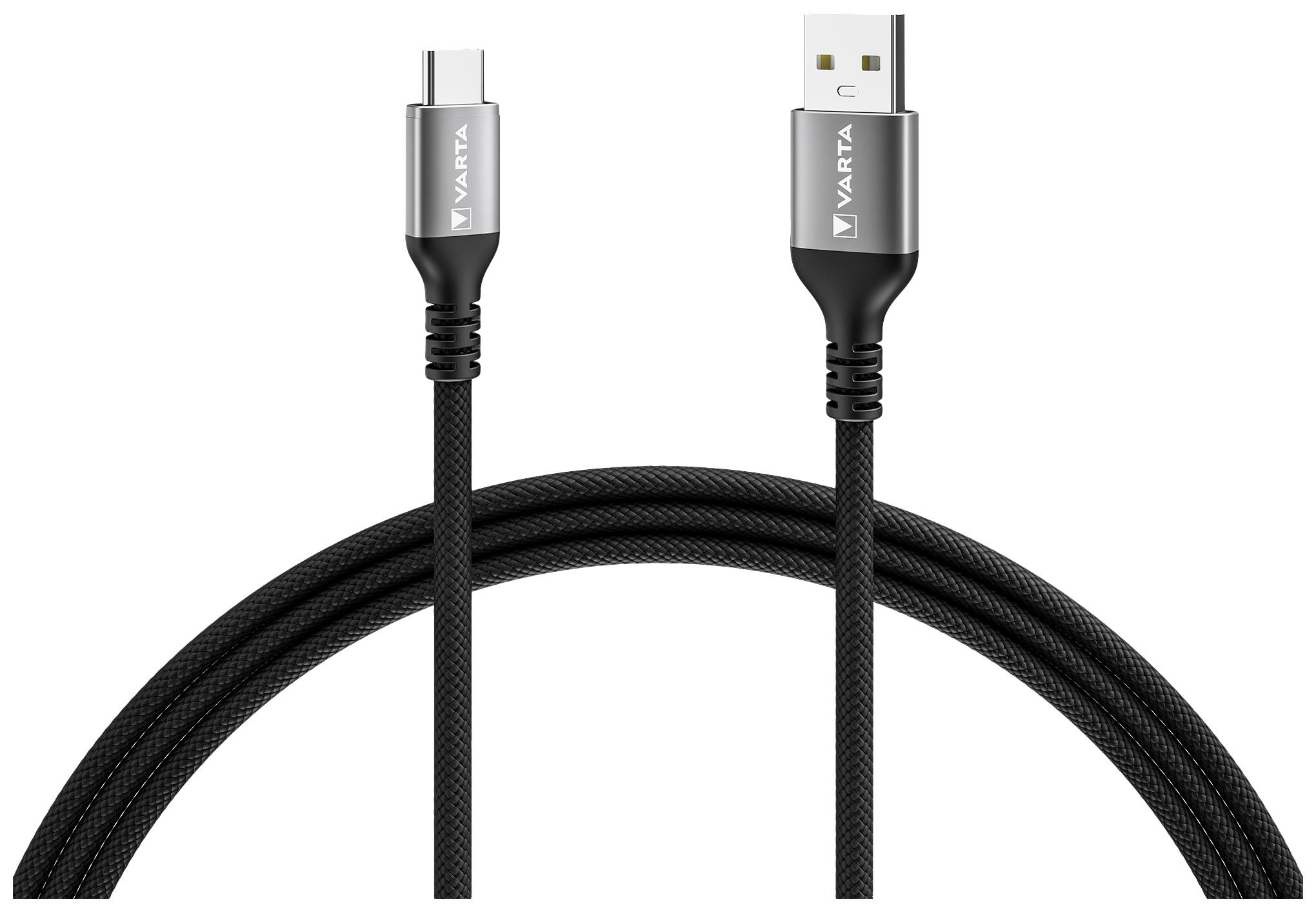 USB cable with a USB-A and a USB-C connector, black braided design, brand name on the connectors.