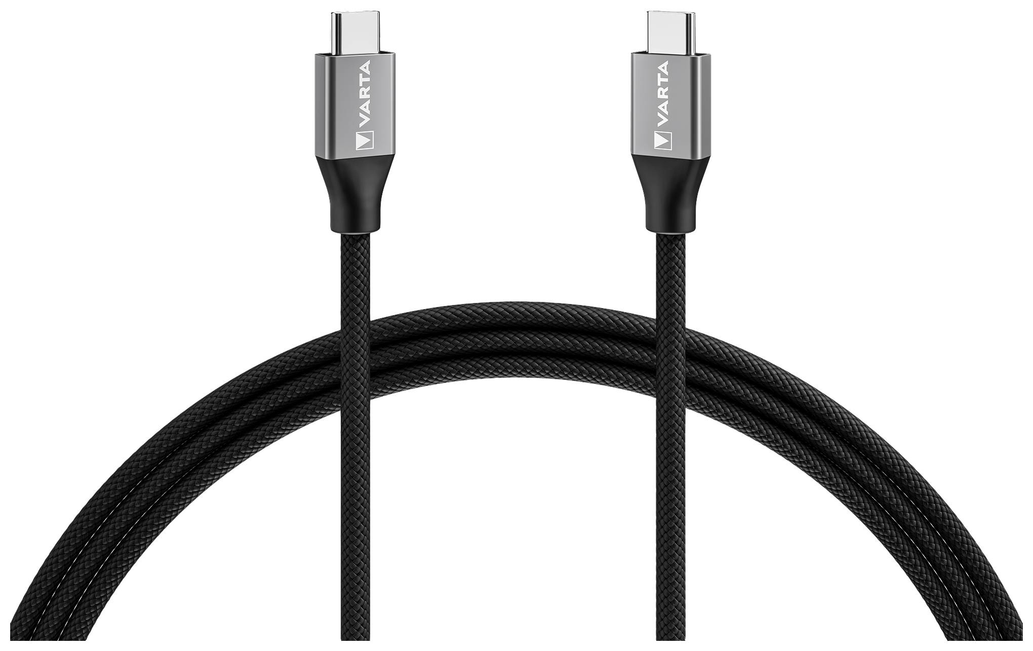 Two black USB-C cables with silver ends by 'Varta'.