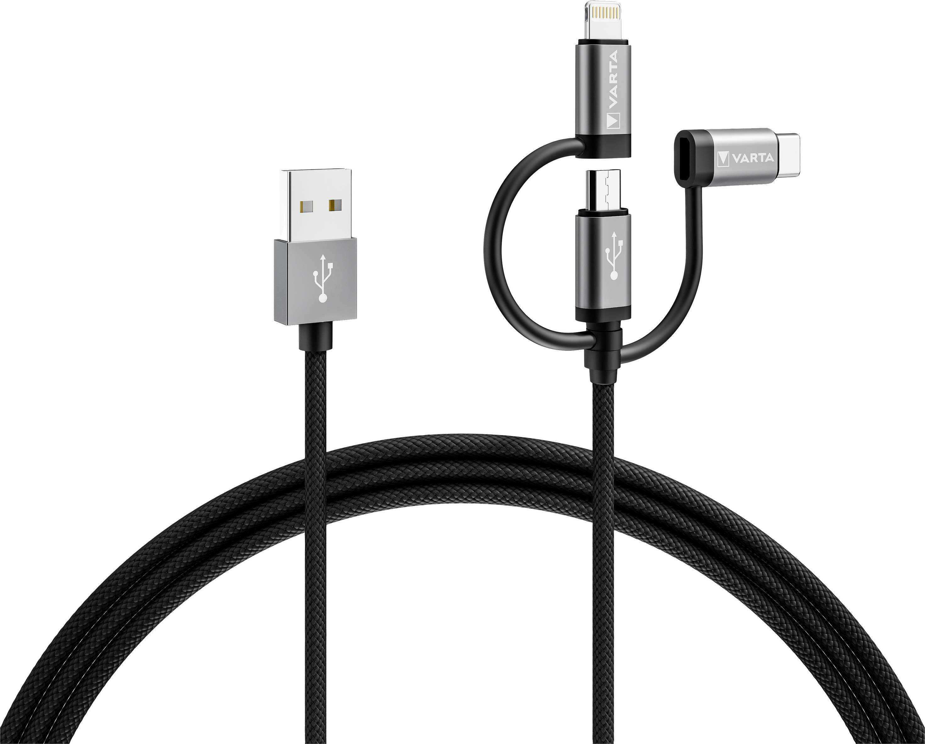 Black VARTA charging cable with USB port and 3-in-1 adapter for Lightning, Micro-USB and USB-C.