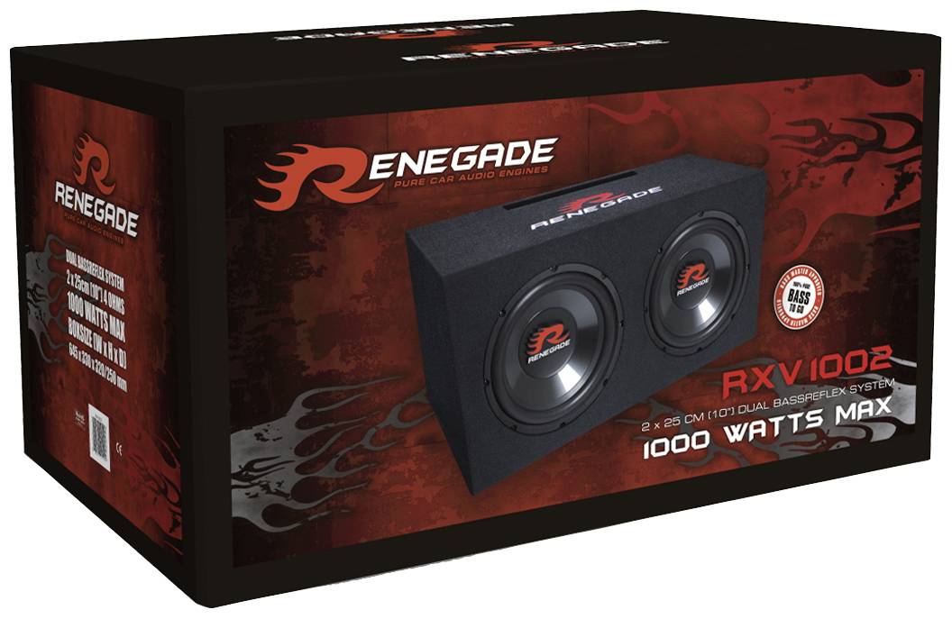 Black subwoofer carton with 'Renegade' logo. Contains Dual Bass Reflex System RXV1002, 1000 Watts maximum power.