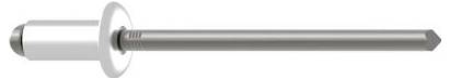 A rivet with a cylindrical body and a flat circular head, featuring a long stem extending from the head.