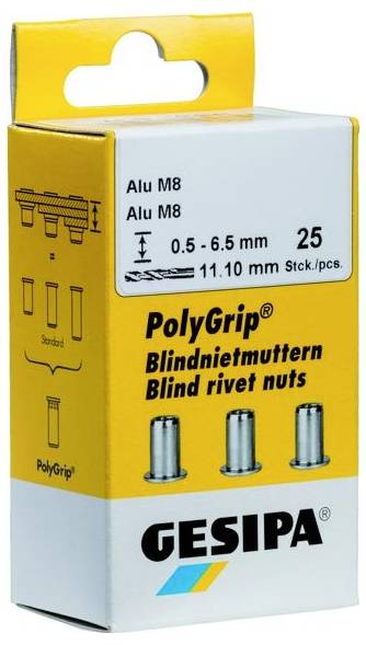 Box of Gesipa PolyGrip blind rivet nuts, Alu M8, fitting sizes 0.5 - 6.5 mm, 25 pieces per pack. Features product image and text details.