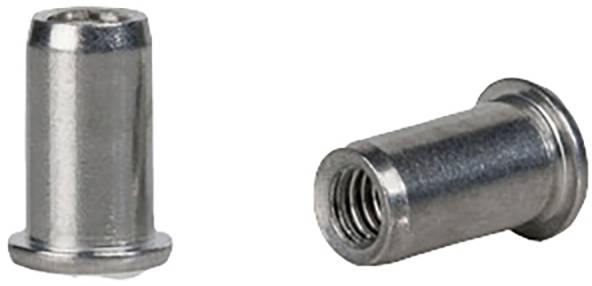 Two silver metal fastening nuts, one standing, the other lying down. They have an internal thread.