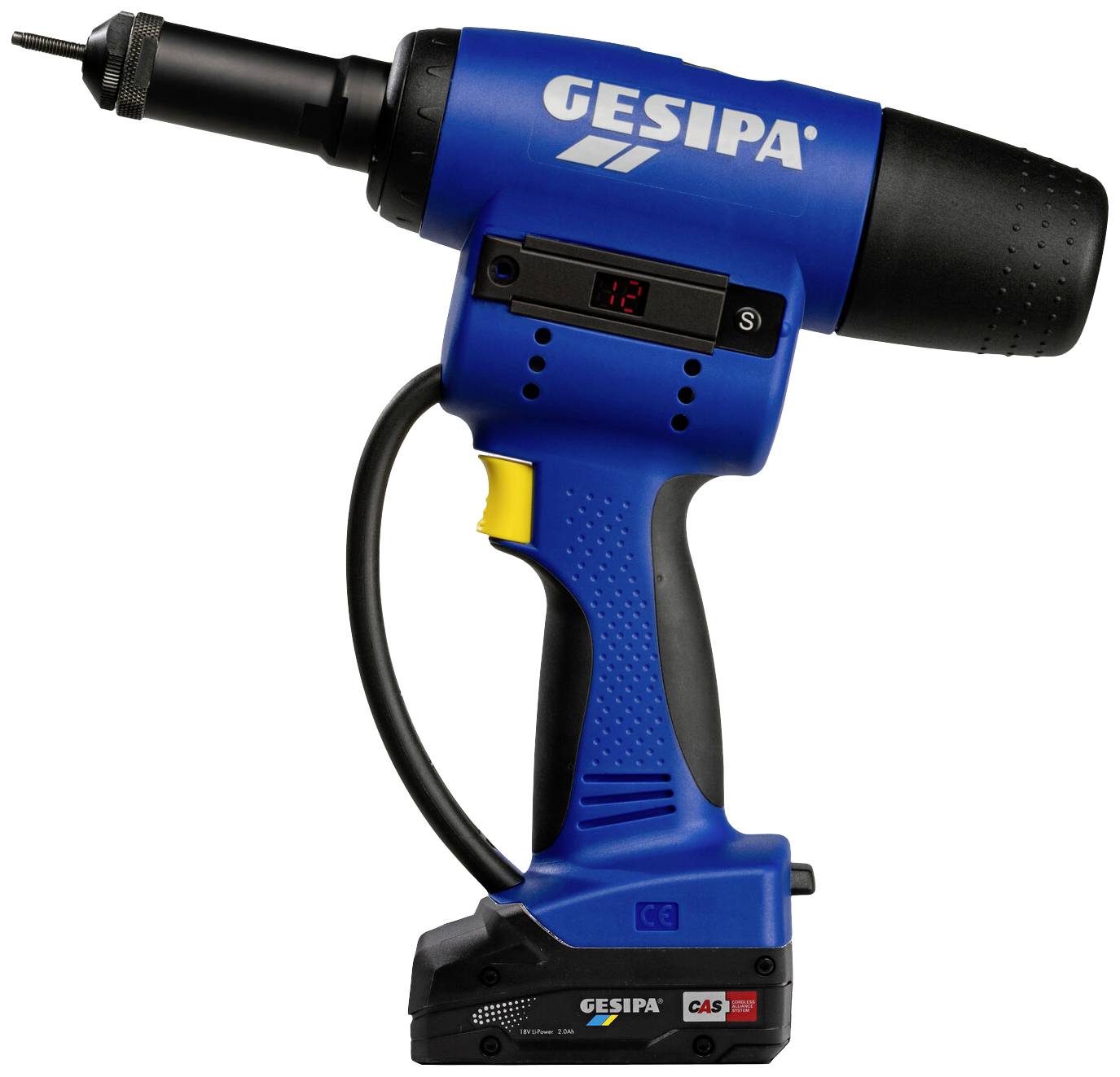 A blue, cordless battery-powered drill with a Gesipa logo, display screen and ergonomic handle. Suitable for professional applications.