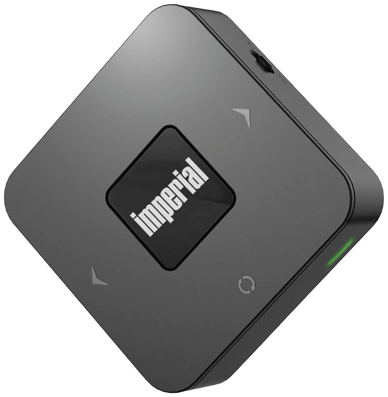 A small, black, square device with the word 'imperial' written in the centre. Positioned diagonally, with a green LED light.