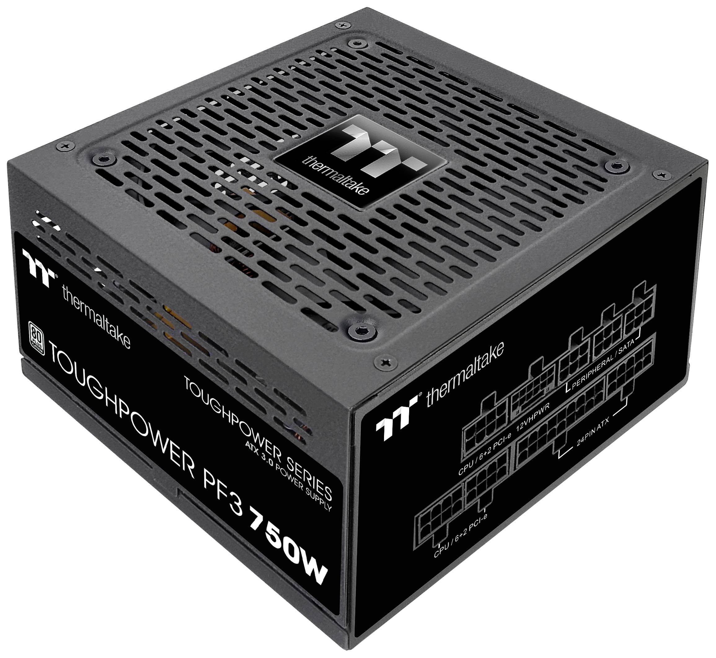 Black computer power supply 'Thermaltake Toughpower PF3 750W', showing the ventilation grille and brand logo.