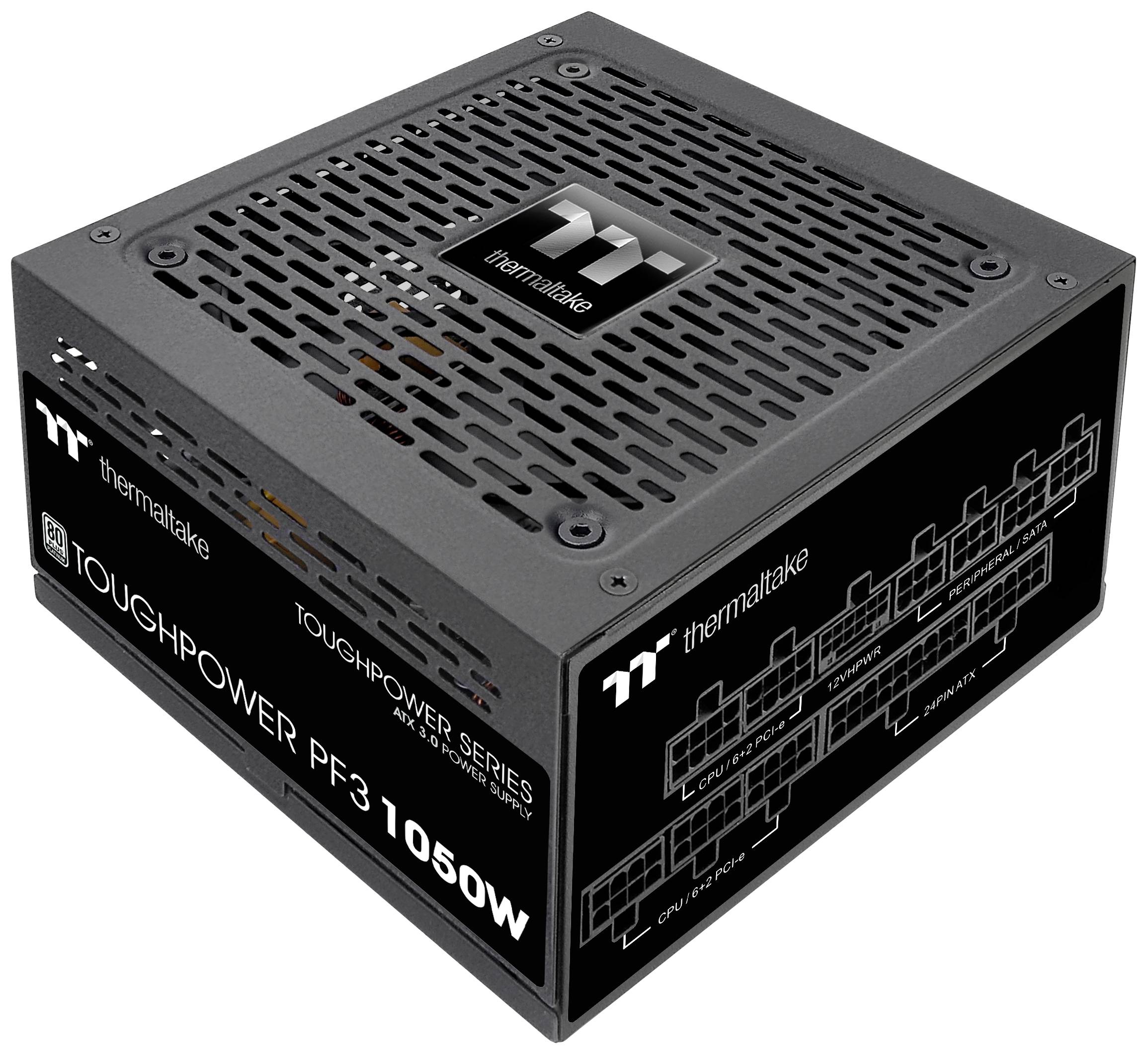 Black power supply unit for computers with the label 'Thermaltake Toughpower PF1 1050W', ventilation slots and cable connections visible.