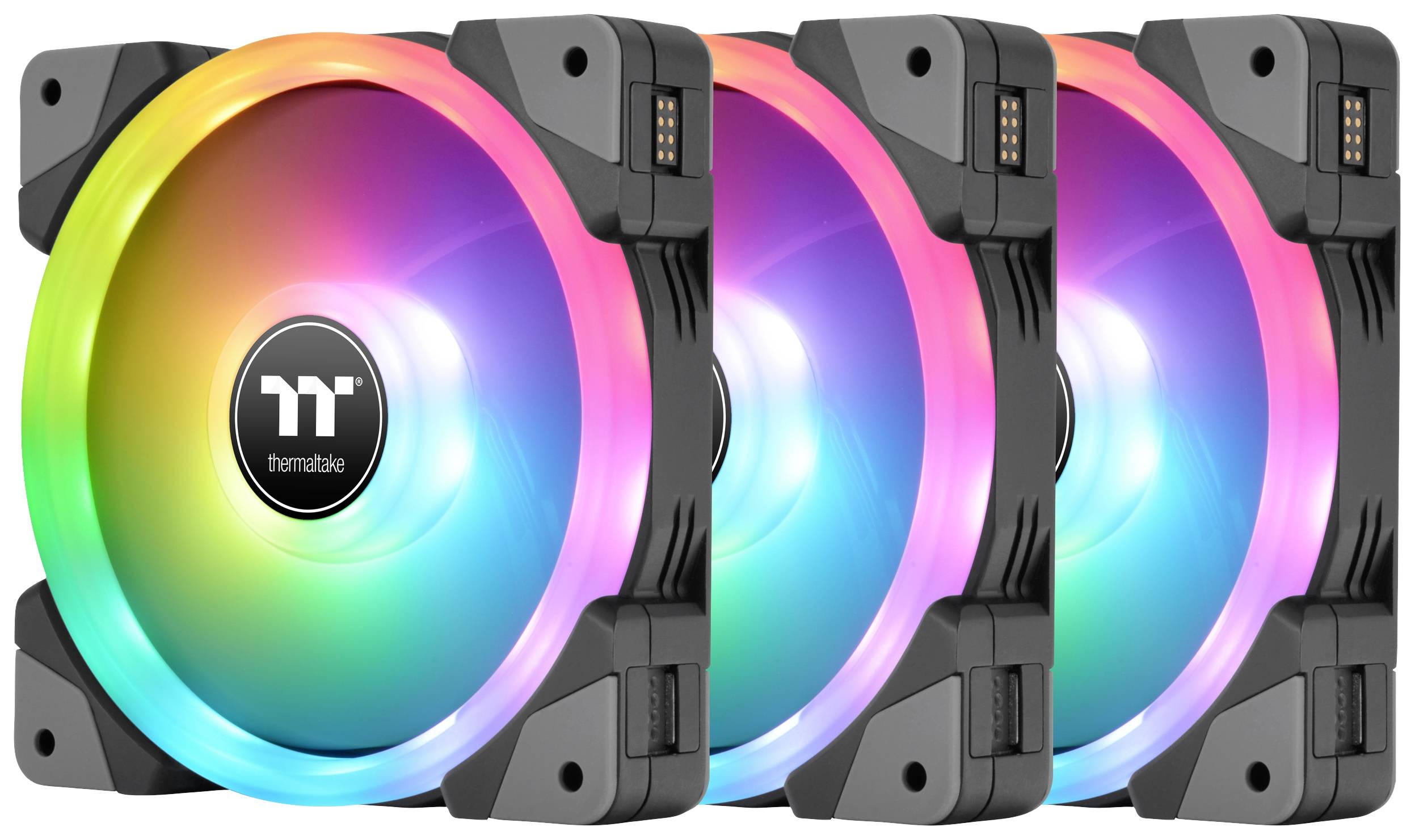 Three Thermaltake fans with RGB lighting in various colours, arranged in a circular formation around the central logo.