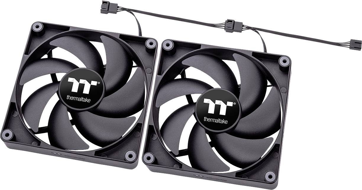 Two black PC fans with the 'Thermaltake' logo in the centre, connected by a cable.