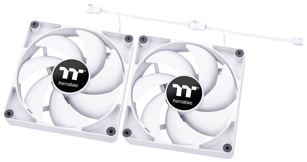 Two white Thermaltake computer fans, each with seven rotor blades and white connecting cables.