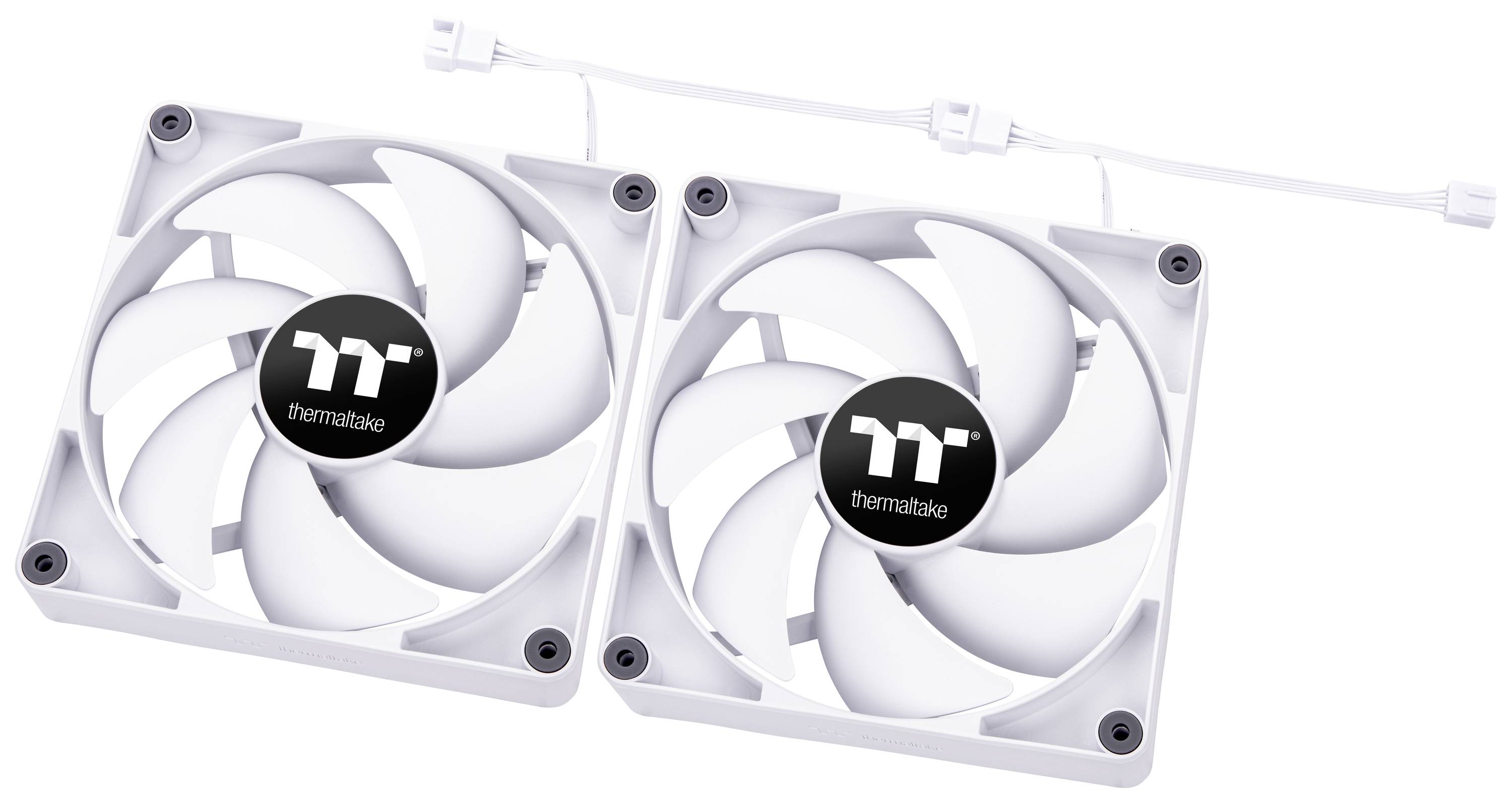 Two white computer fans with a brand logo in the centre, connected by white cables.