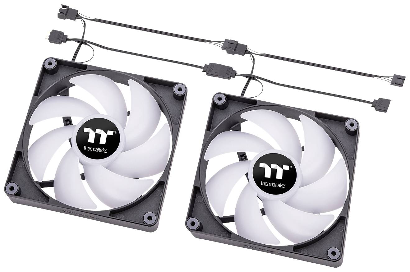 Two black computer cooling fans with transparent blades, connected by power cables, display the Thermaltake logo in the centre.