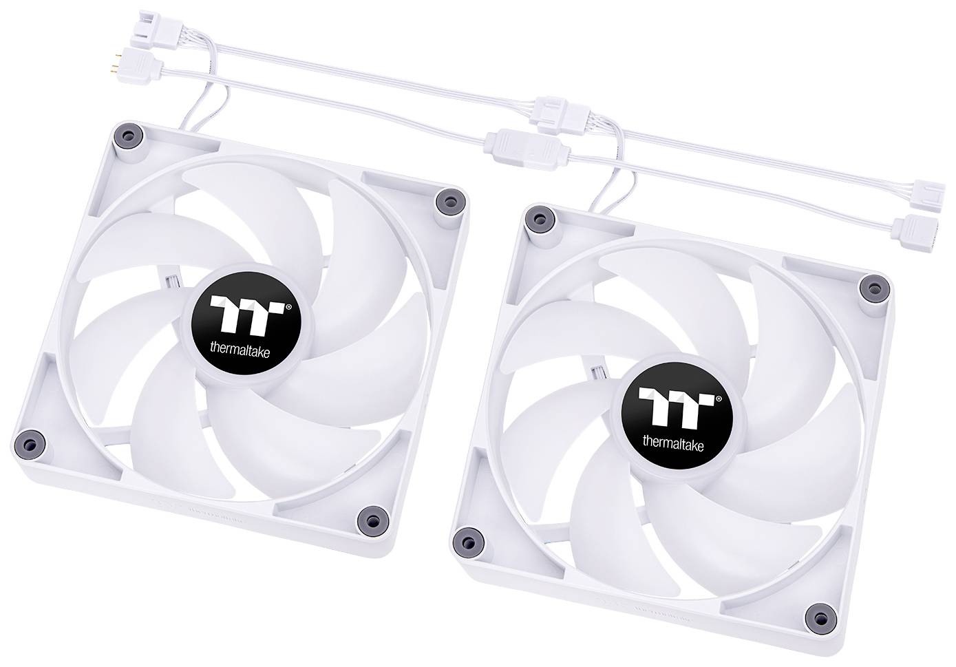 Two white computer fans with black 'Thermaltake' logos, connected by white cables, on a white background.