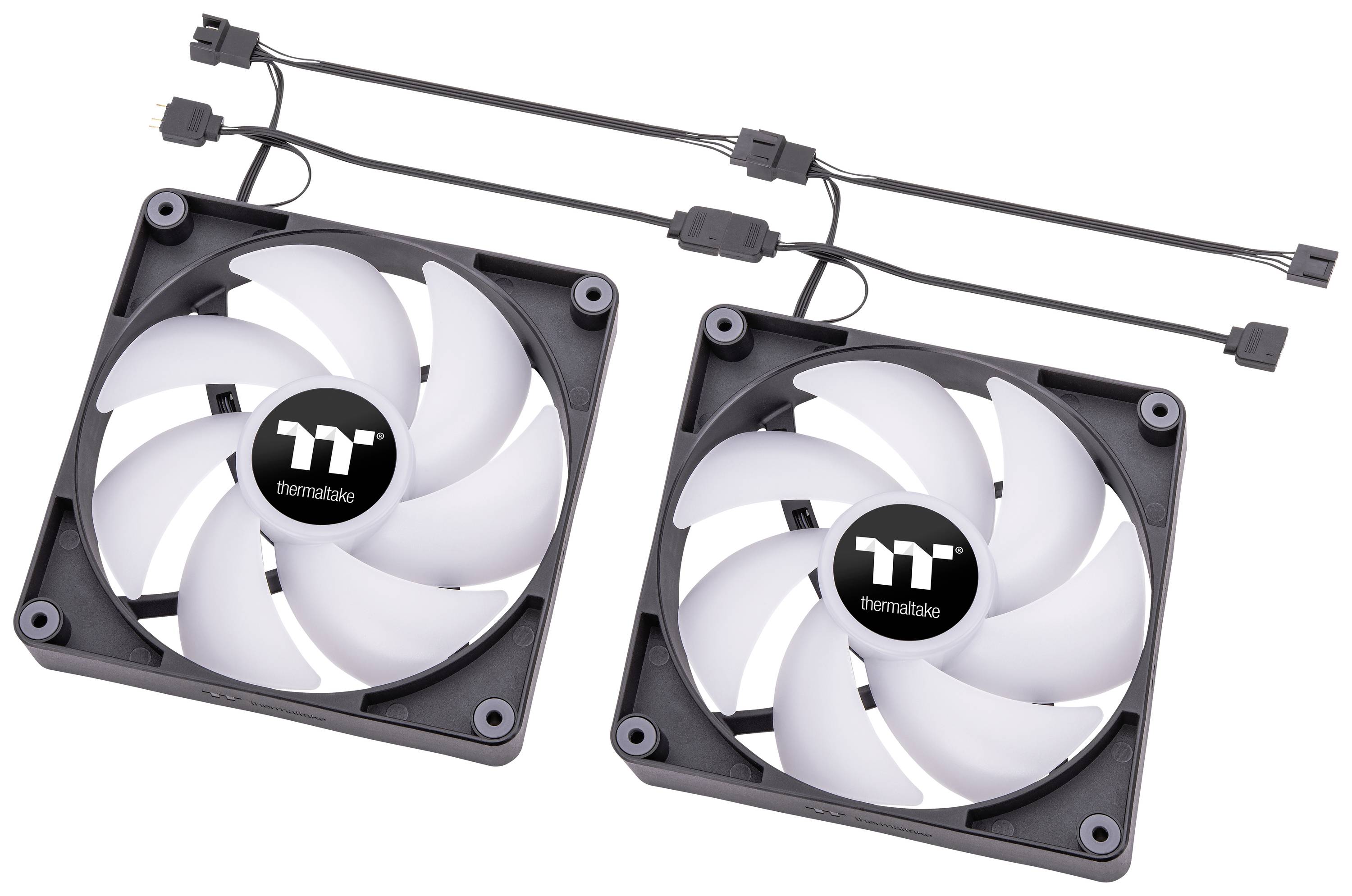Two computer fans by Thermaltake with white rotor blades, connected cables; for cooling computer cases.