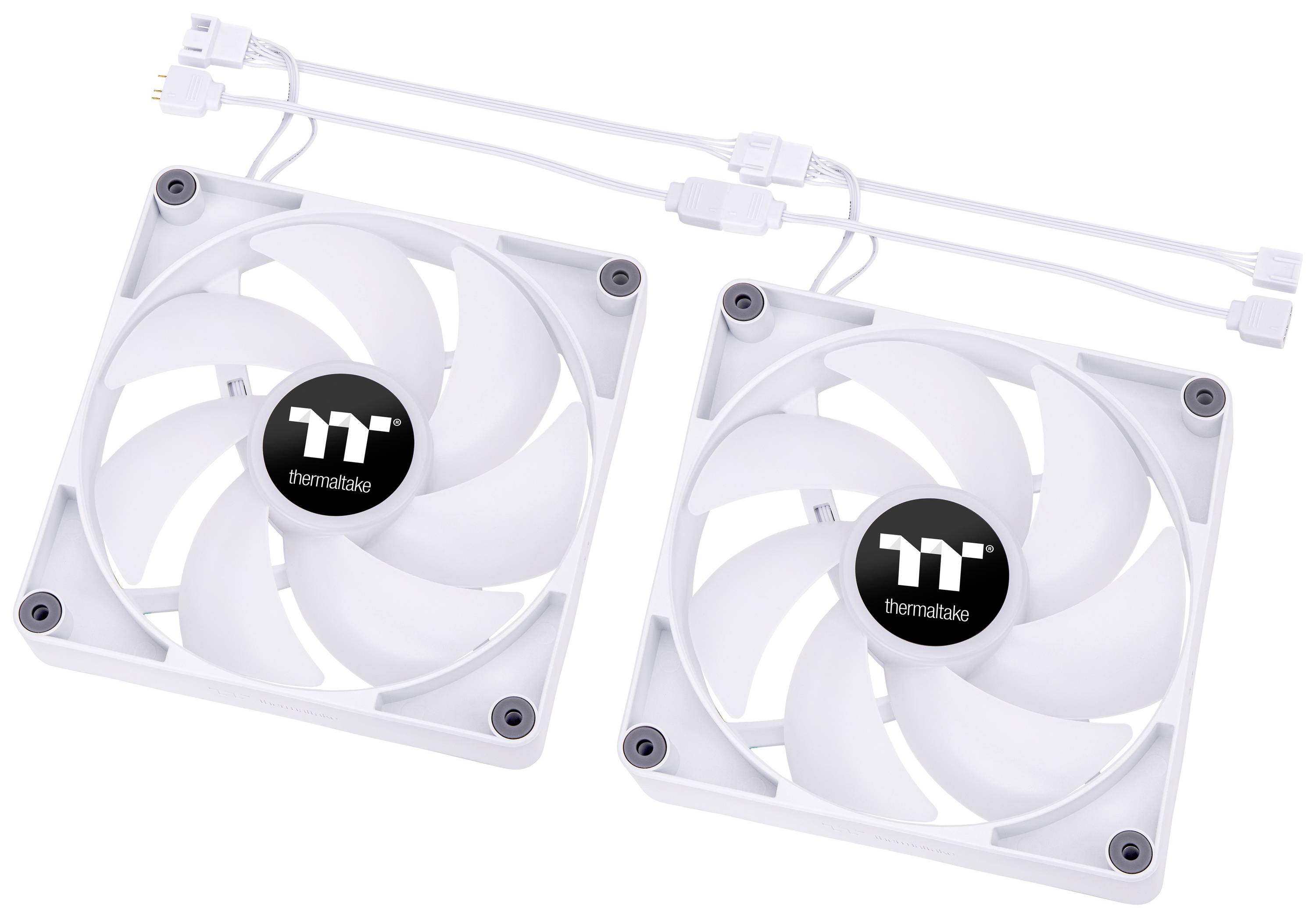Two white computer cooling fans with the 'Thermaltake' logo in the centre, connected power cables.