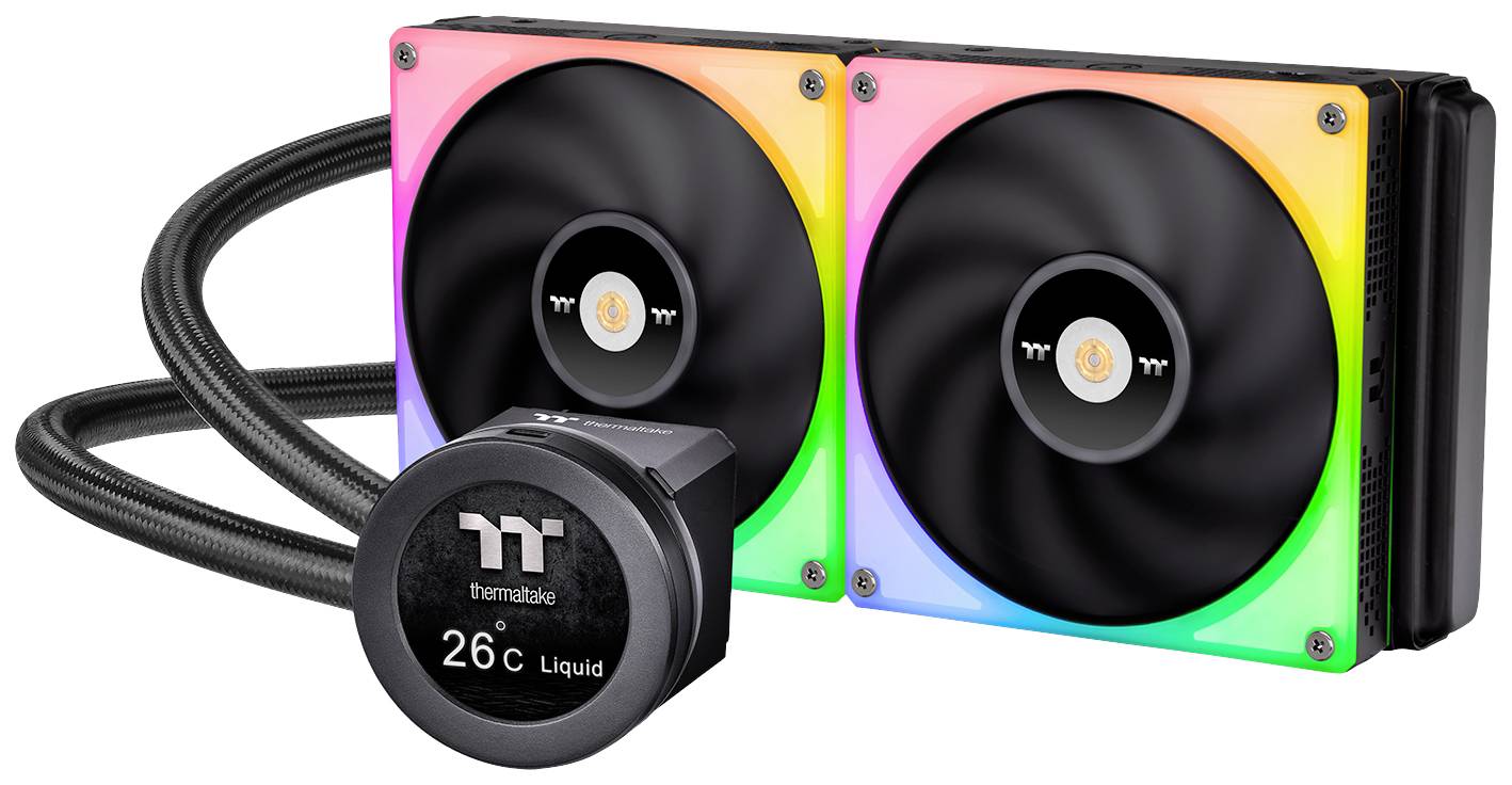 PC water cooling with two fans and LED lighting, displaying a temperature reading of 26°C.