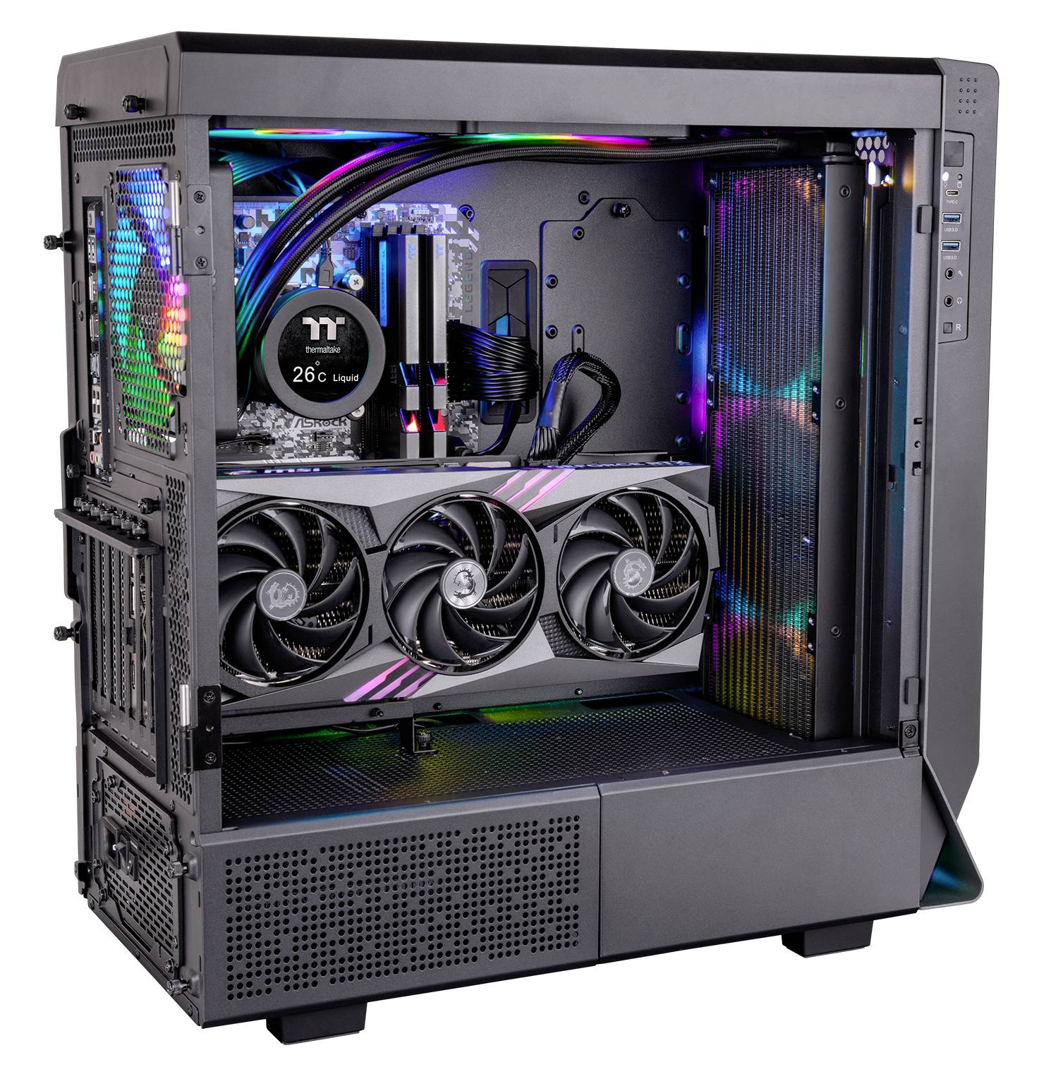 An open computer case reveals powerful fans, LED lights, and water cooling components that ensure high performance and cooling.
