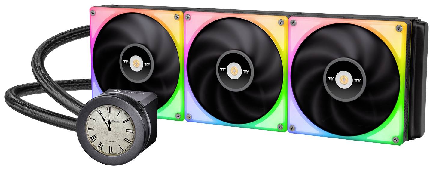 A colourful computer liquid cooling system with three fans and illuminated edges. On the left is a manometer in the shape of a clock.