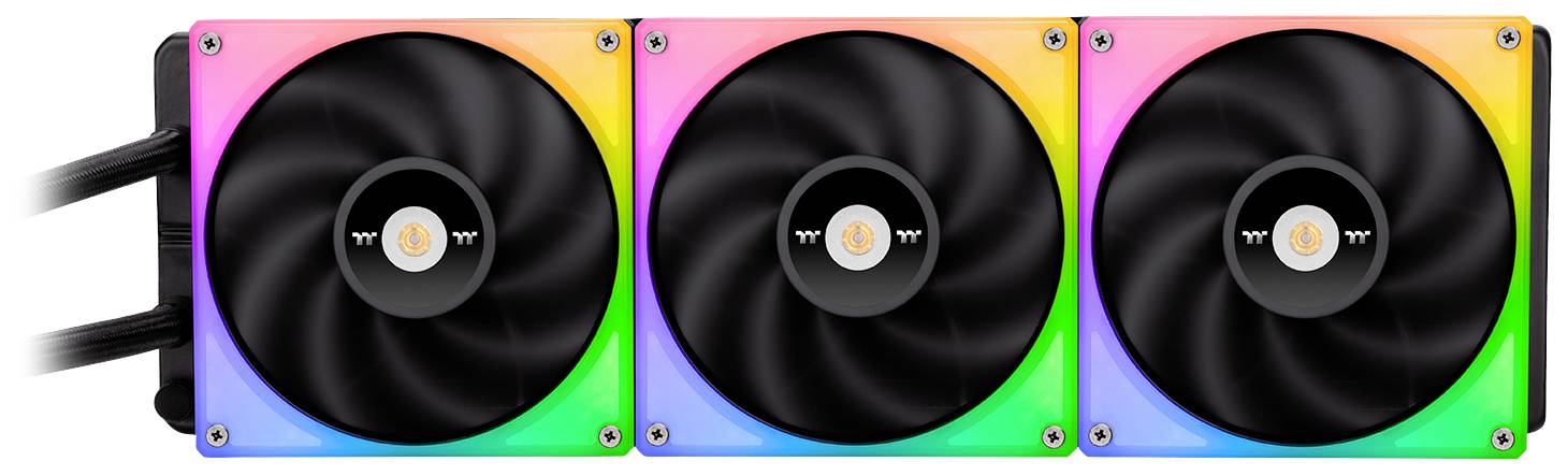 Three computer-controlled fans with RGB lighting in a linear array, suitable for use in gaming PCs for cooling.