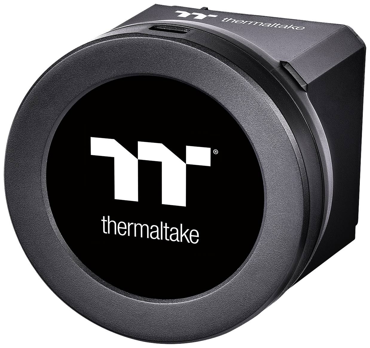 Round Thermaltake fan, black casing, white logo in the centre.