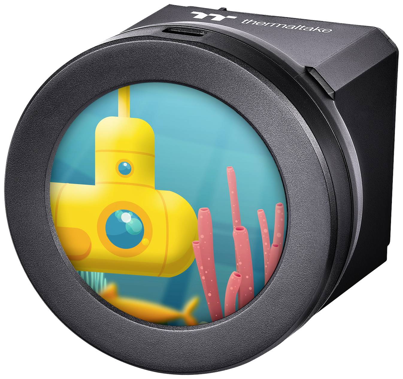 A yellow submarine floats in the sea beside red corals, displayed on a round screen of a black device.