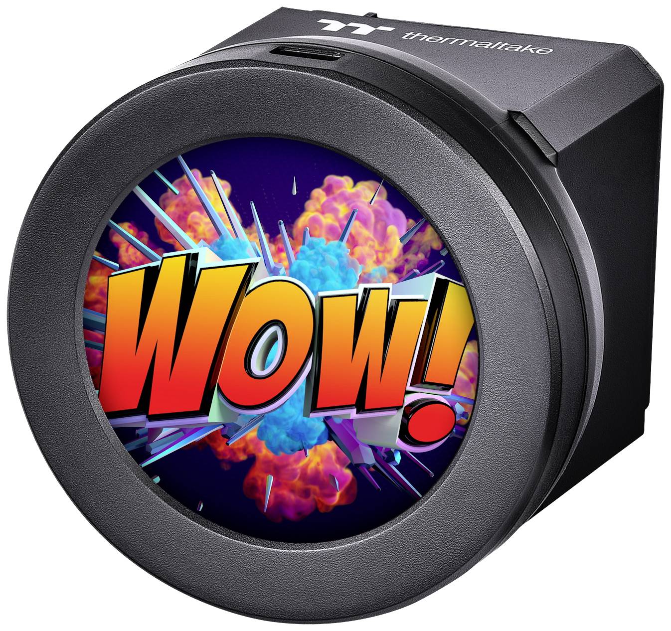 Circular display with the text 'Wow!' in vibrant colours against an explosive background.