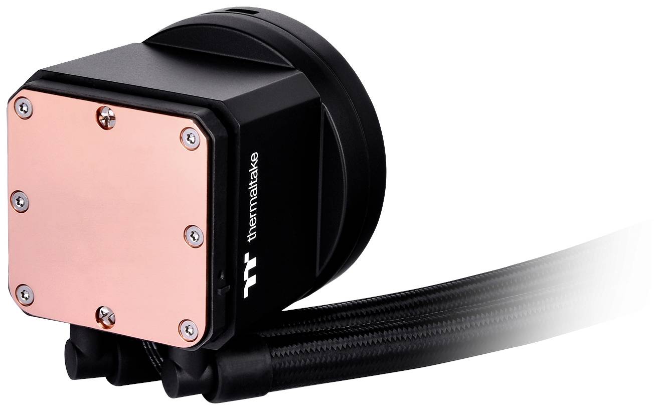 Water cooling block by Thermaltake with copper plate and tubes. Suitable for use in high-performance computer systems.