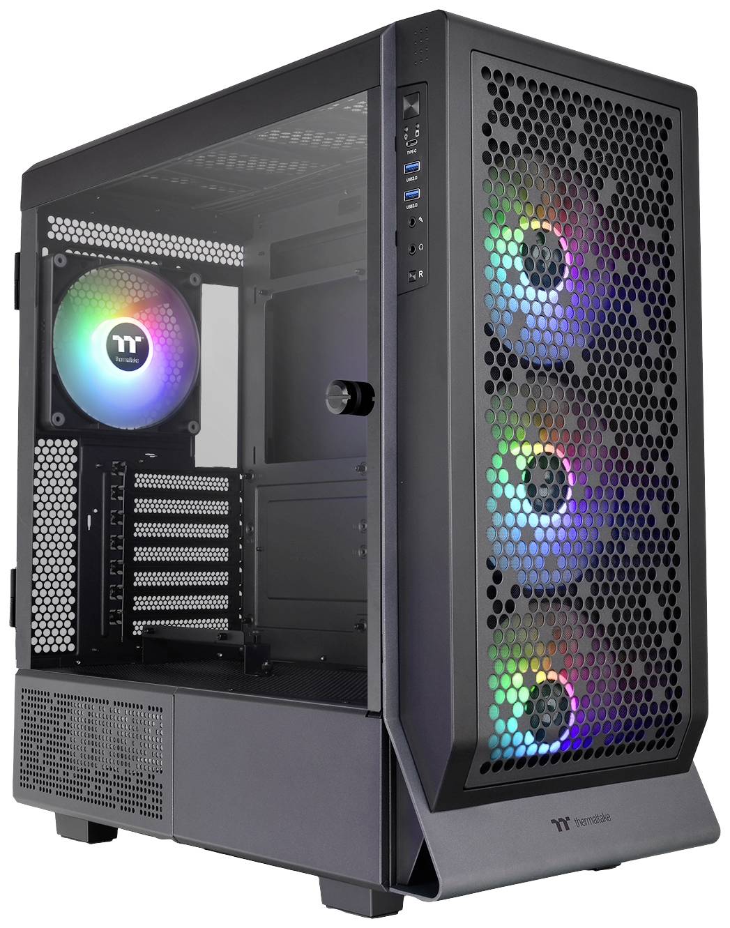 Black computer case with transparent side window, showing four fans with colourful LED lighting on the front and back.