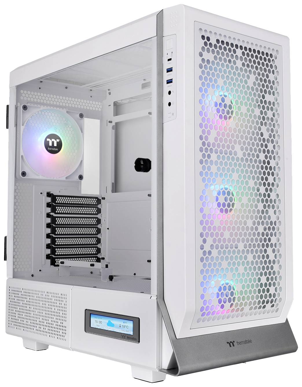A white computer case with a transparent side panel, RGB LED fans, and multiple expansion slots at the rear.