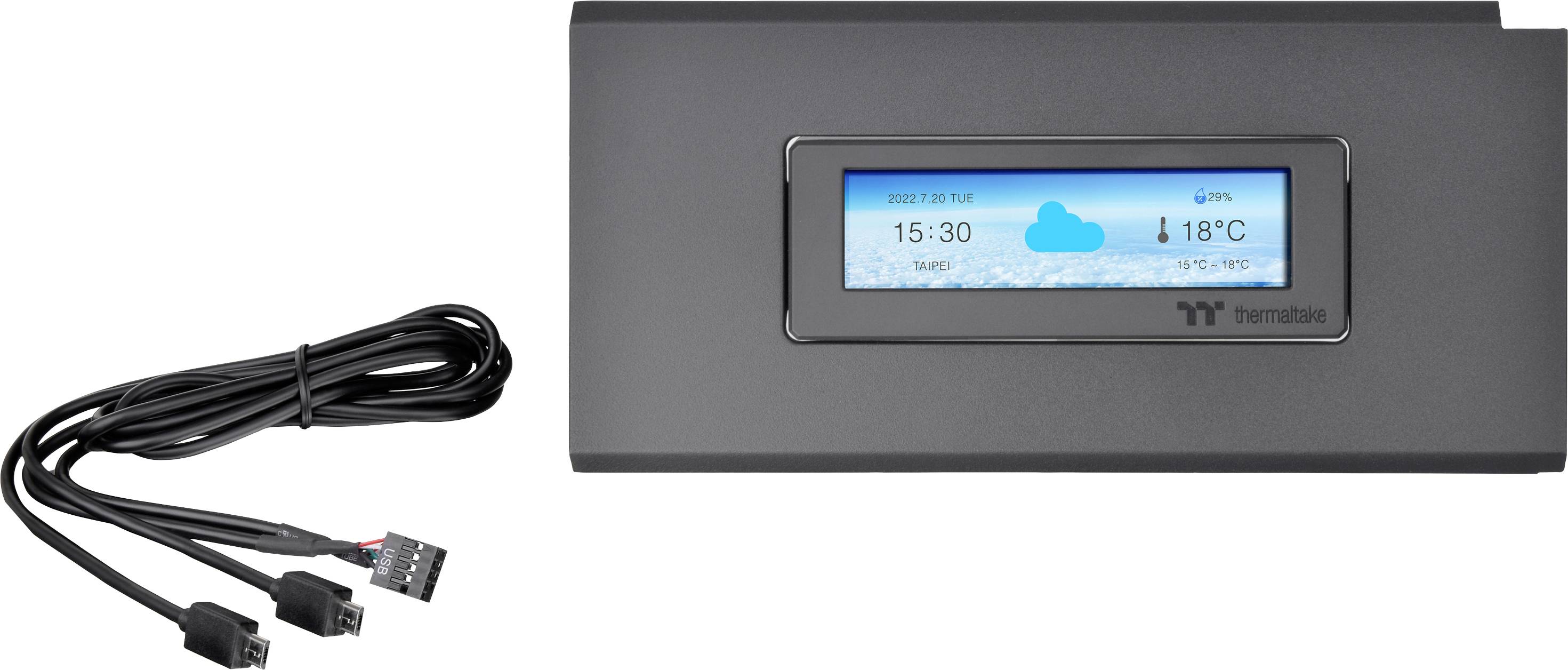 Weather display showing the time '15:30', temperature '18°C' and a cloud symbol on a black electronic device, with cables beside it.