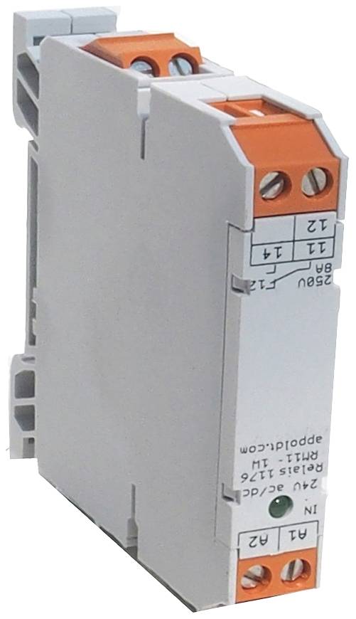 An electronic relay module with orange terminals. It is slimly designed and used for controlling electrical signals.