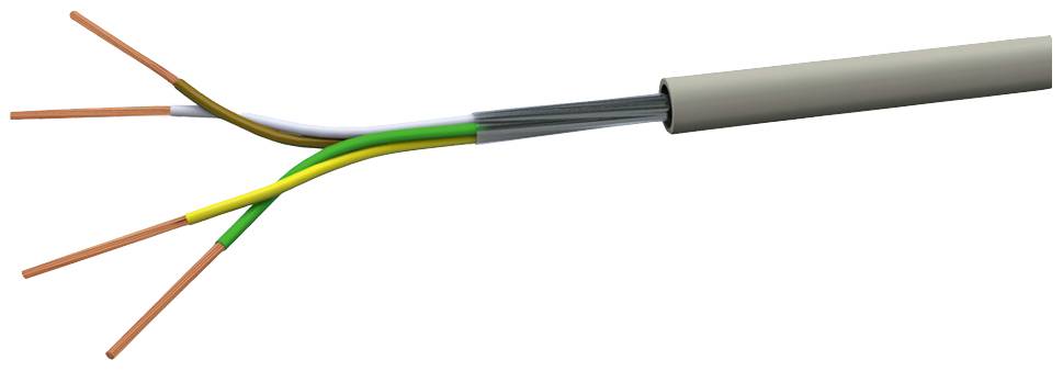 An open electrical cable with three copper wires in brown, blue and green-yellow is visible. The cable is partially stripped.