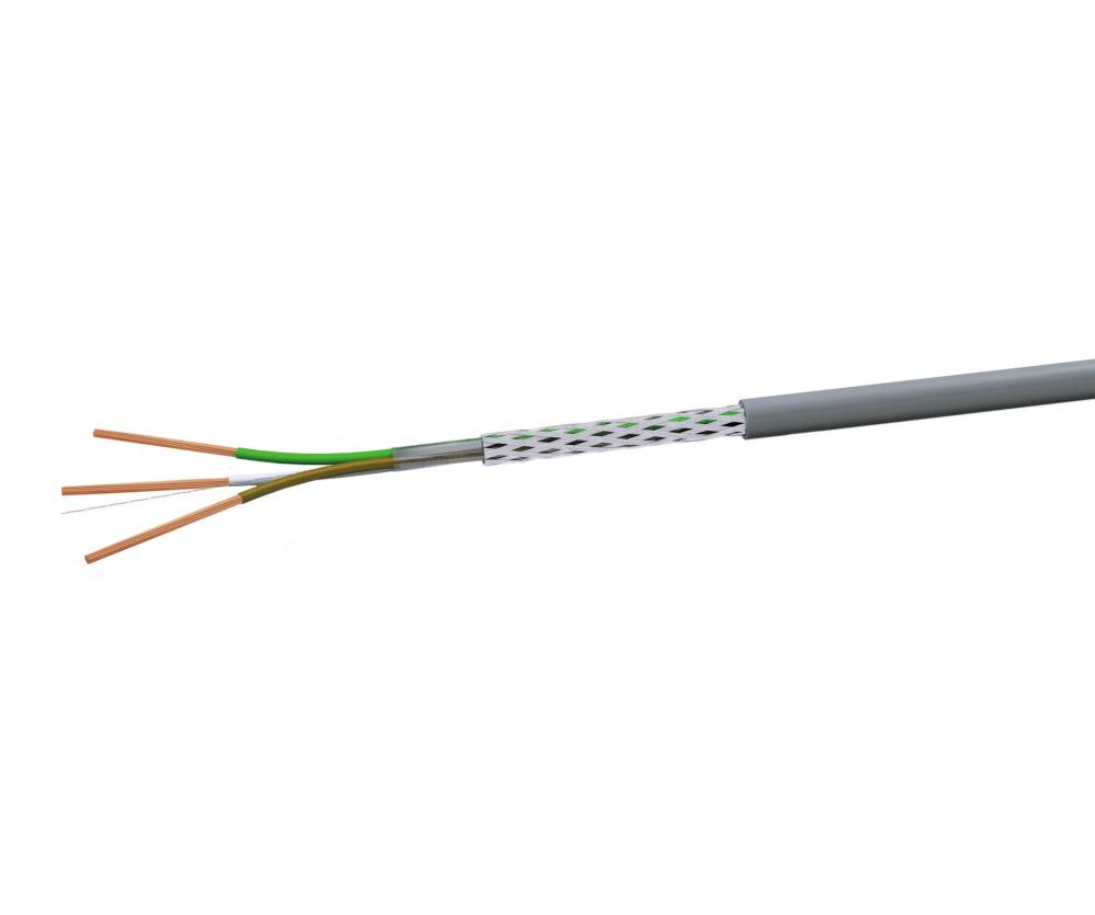 A grey electrical cable with three colour-coded copper wires: brown, blue, and green-yellow, for use in electrical installation.