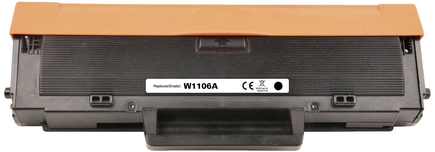 Toner cartridge W1106A with orange protective cover, suitable for laser printers.