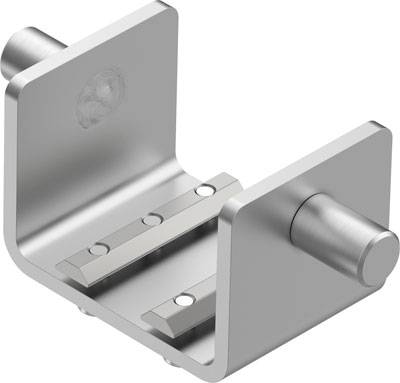 A silver, U-shaped metal piece with two elongated rails and a cylindrical pin on the right-hand side.