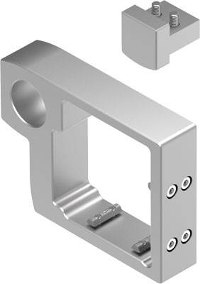 A silver metal component with rectangular and circular cut-outs, alongside a small, removable piece with two screws.