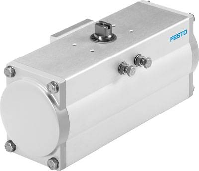 Pneumatic cylinder by Festo with a rectangular housing, silver in colour, equipped with multiple connection valves on the top surface.